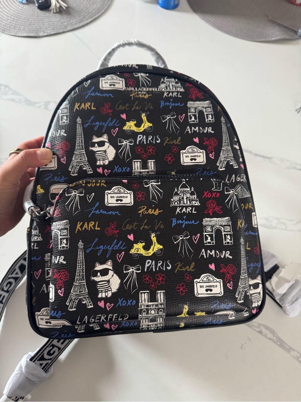 Karl Lagerfeld Black Paris Print Mini Backpack with Multicolor Accents